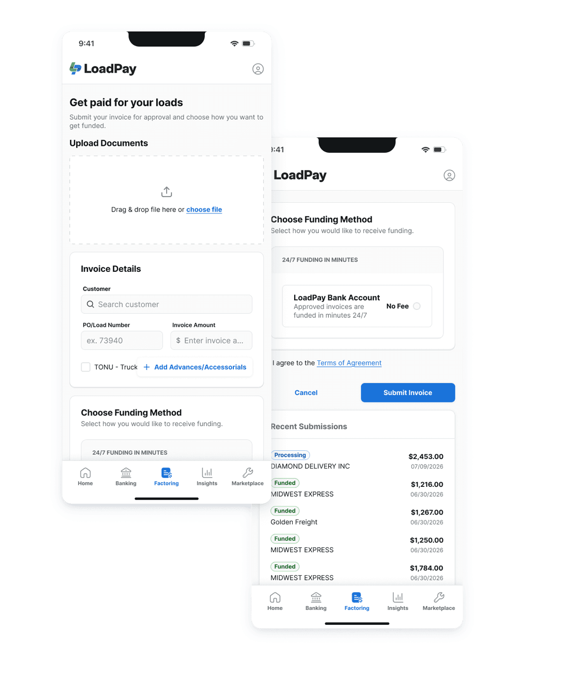 LoadPay invoices in the mobile app