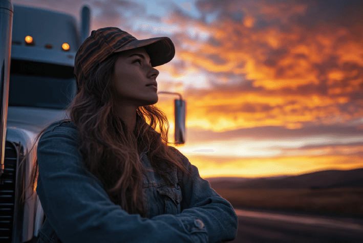 Young woman outside of semitruck on the highway